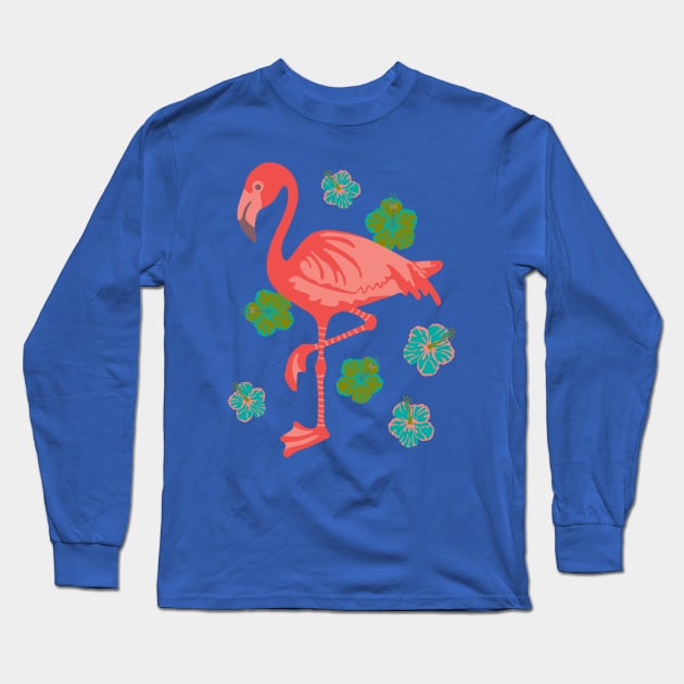 PINK FLAMINGO Tropical Bird with Hibiscus Flowers - UnBlink Studio by Jackie Tahara Long Sleeve T-Shirt by UnBlink Studio by Jackie Tahara
